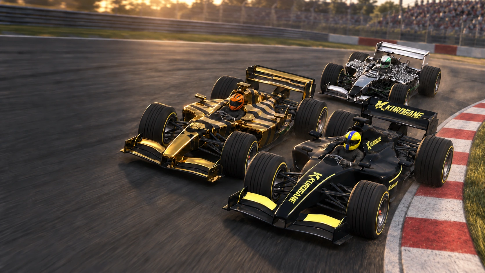 Cena de corrida com três carros World GP disputando uma curva